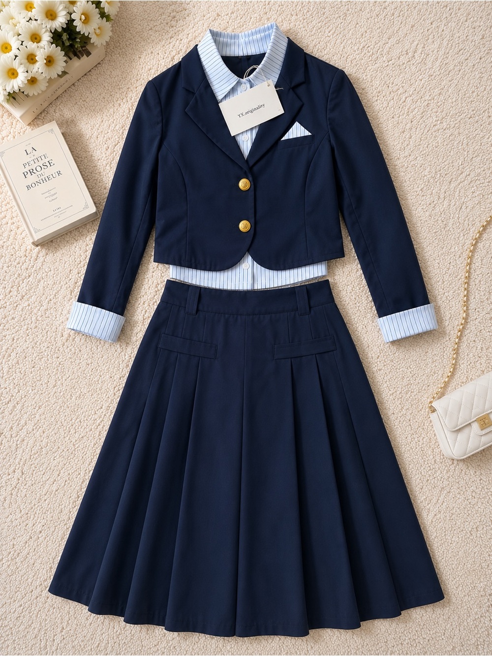 Navy Preppy Blazer & Pleated Midi Skirt Set Size Small